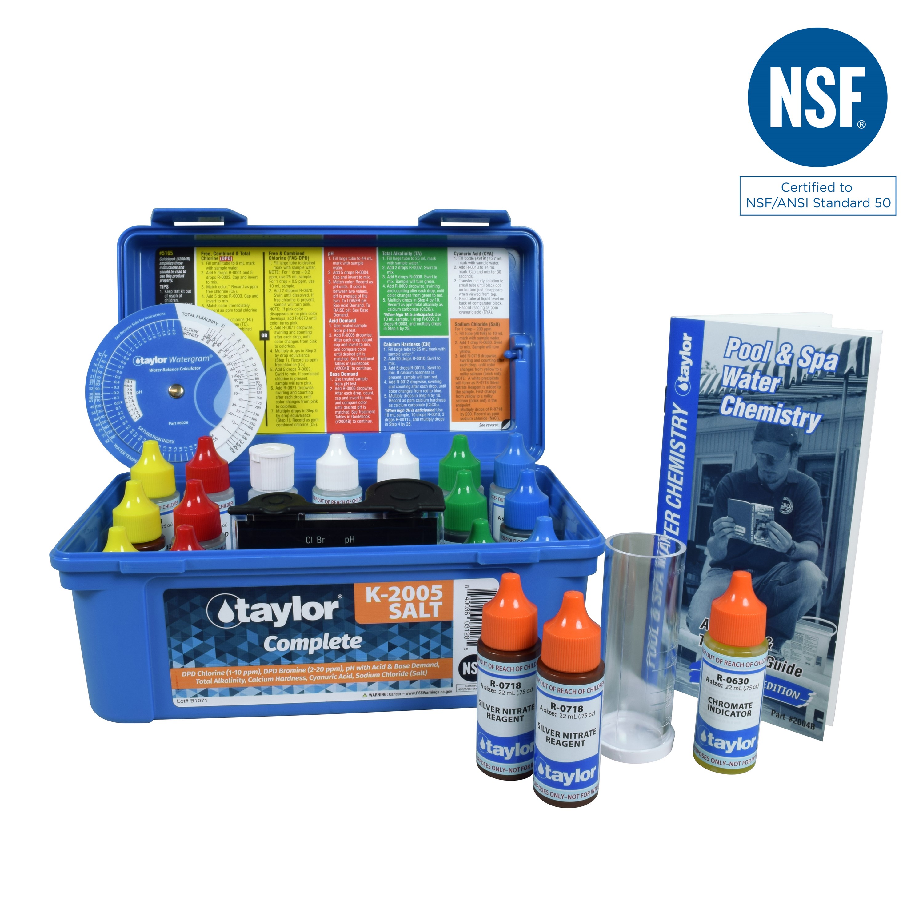 Complete, kit for Chlorine/Bromine, pH, Alkalinity, Hardness, CYA, Salt (DPD) (.75 oz bottles) Complete, kit for Chlorine/Bromine, pH, Alkalinity, Hardness, CYA, Salt (DPD) (.75 oz bottles)